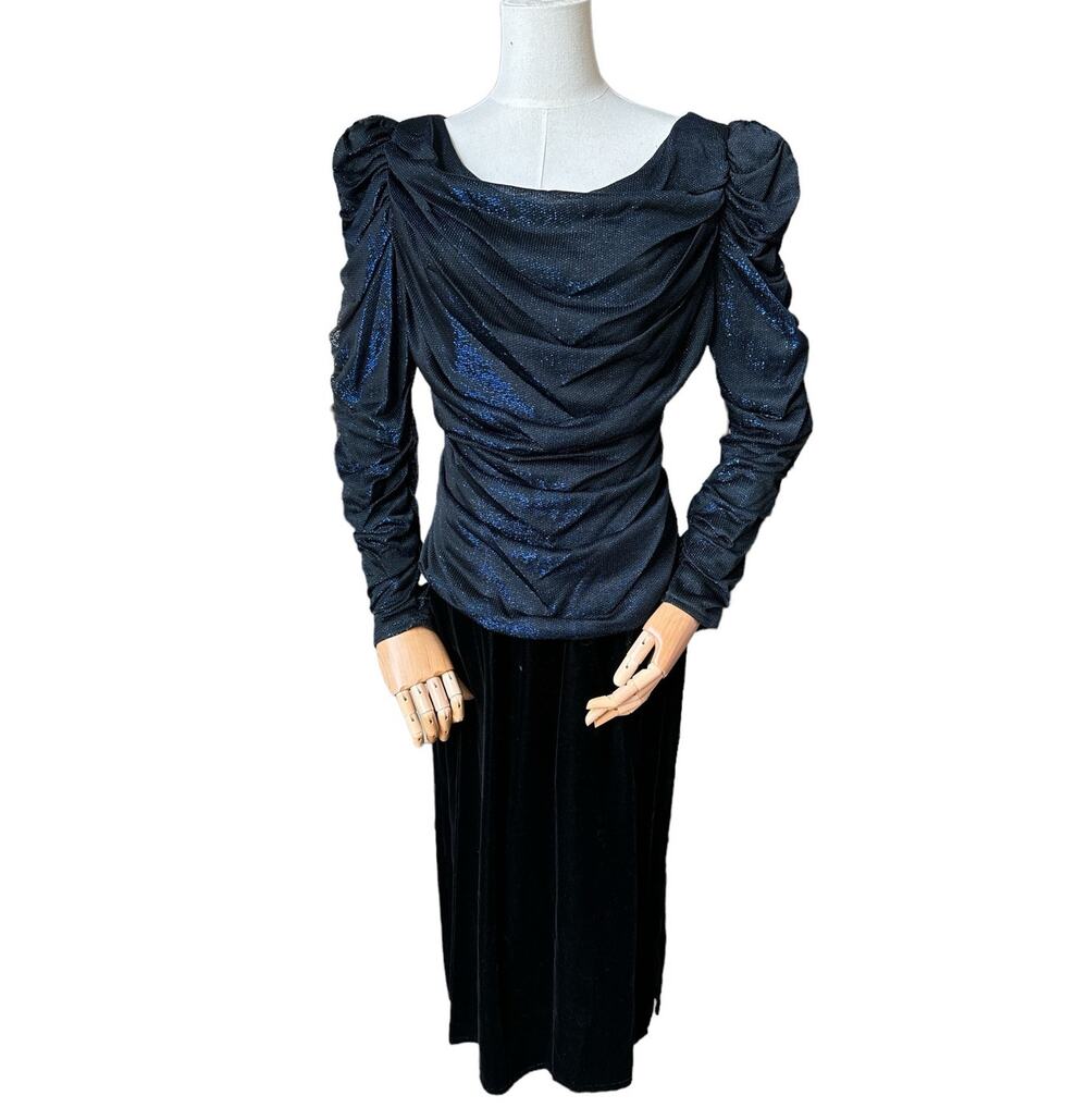 American Vintage Samir 70’s blue metallic Lurex & black velvet dress size medium